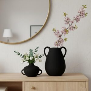 Matte Ceramic Vase Set, 2 Pieces, Double Handle Design, Home Decor Modern Minimalist Home Decor, Small Medium Sizes Decorative Vases, Assorted Shapes (Black)