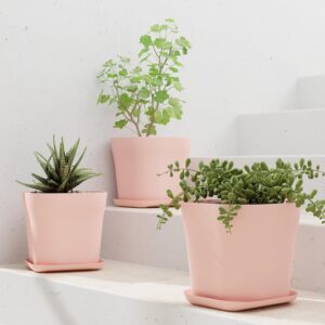 StyleX Store Pack of 3 Square Plastic Flower Pot with Tray | Modern Indoor Outdoor Planter for Home Balcony Garden Office | Durable Lightweight Planter Pot | 6 Inch, White